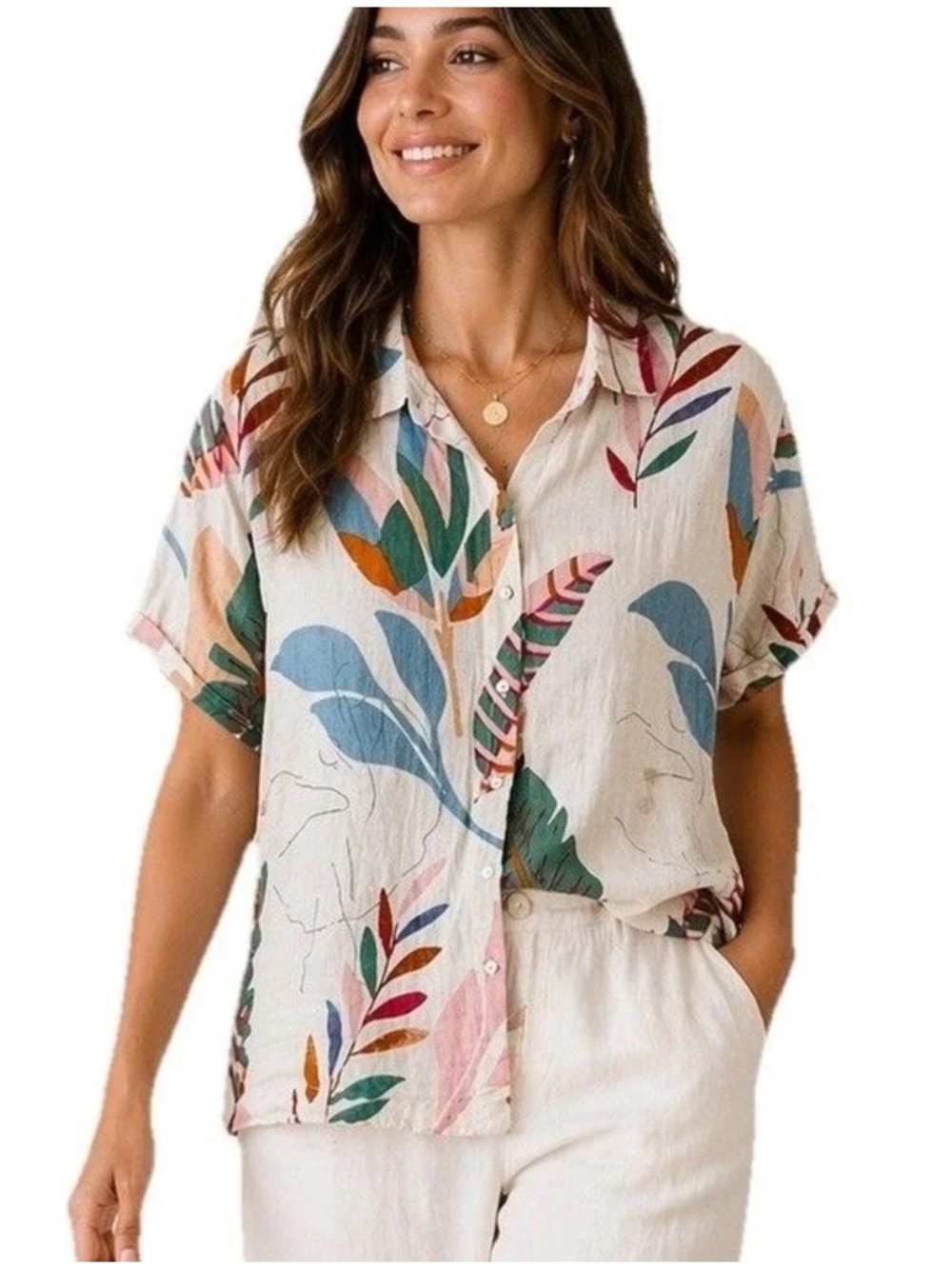 Cynthia Rowley 100% Linen Shirt Pearl Button Floral Women M Lightweight